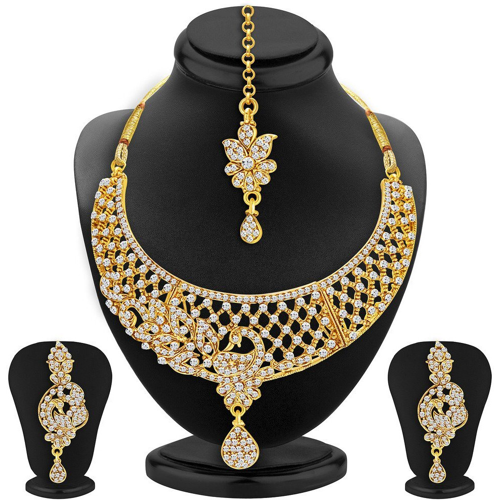 Sukkhi Excellent Gold Plated Wedding Jewellery Austrian Diamond Choker Necklace Set Combo For Women (383CB2100)