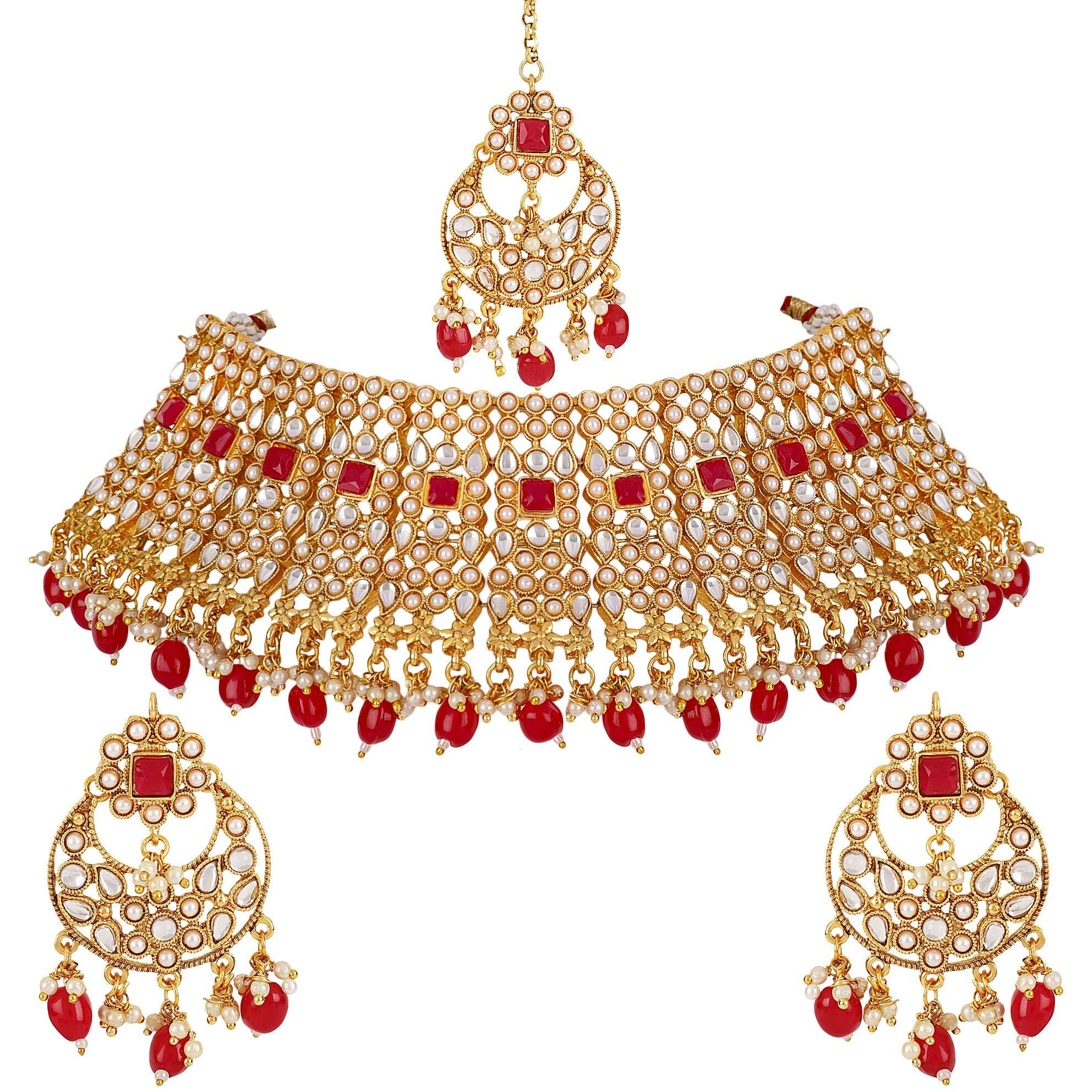 Shining Diva Fashion Latest Choker Design Kundan Traditional Necklace Jewellery Set for Women (Red) (11284s)