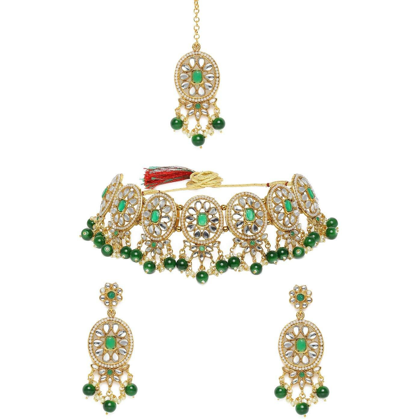 ZAVERI PEARLS Green Stones & Beads Wedding Collection Kundan Choker Necklace Earring & Maangtikka Set For Women-ZPFK10117