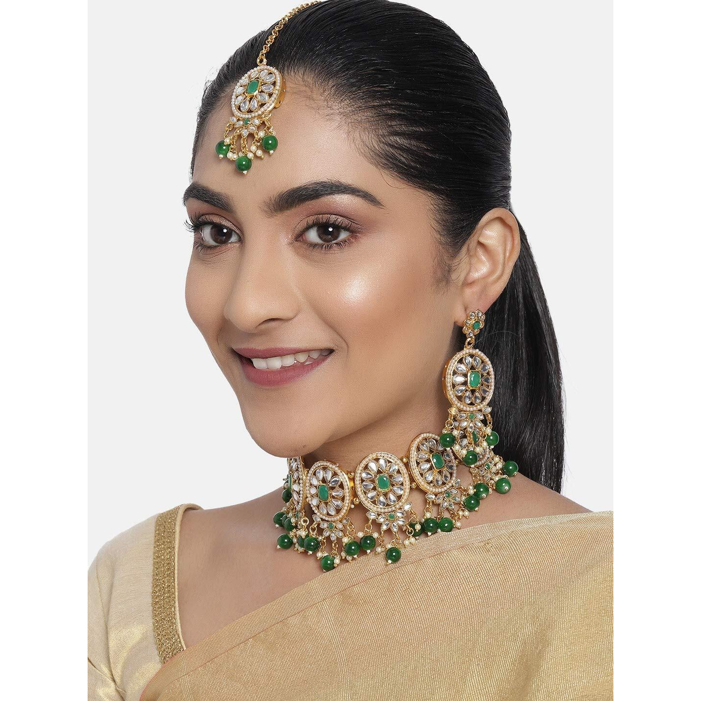 ZAVERI PEARLS Green Stones & Beads Wedding Collection Kundan Choker Necklace Earring & Maangtikka Set For Women-ZPFK10117