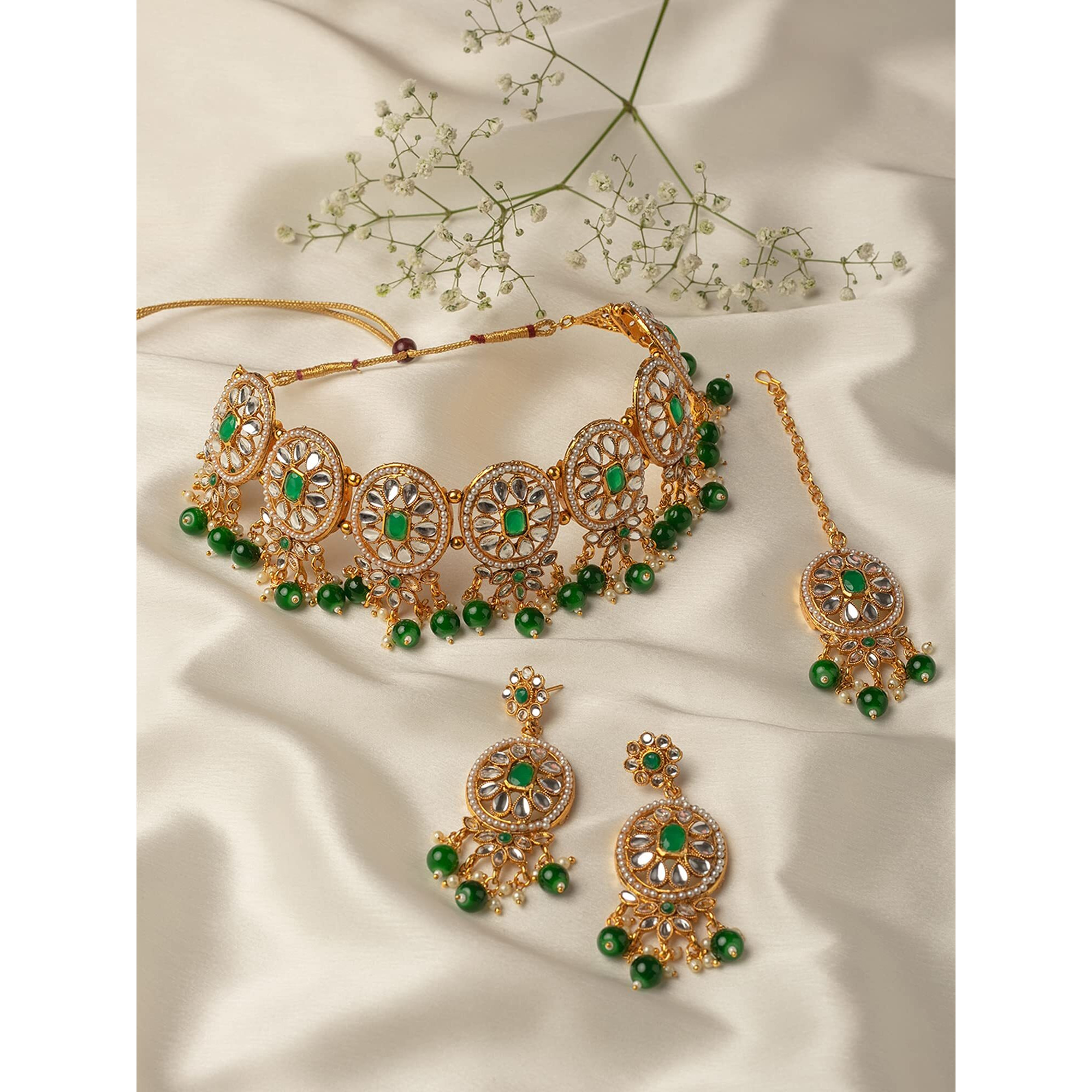 ZAVERI PEARLS Green Stones & Beads Wedding Collection Kundan Choker Necklace Earring & Maangtikka Set For Women-ZPFK10117