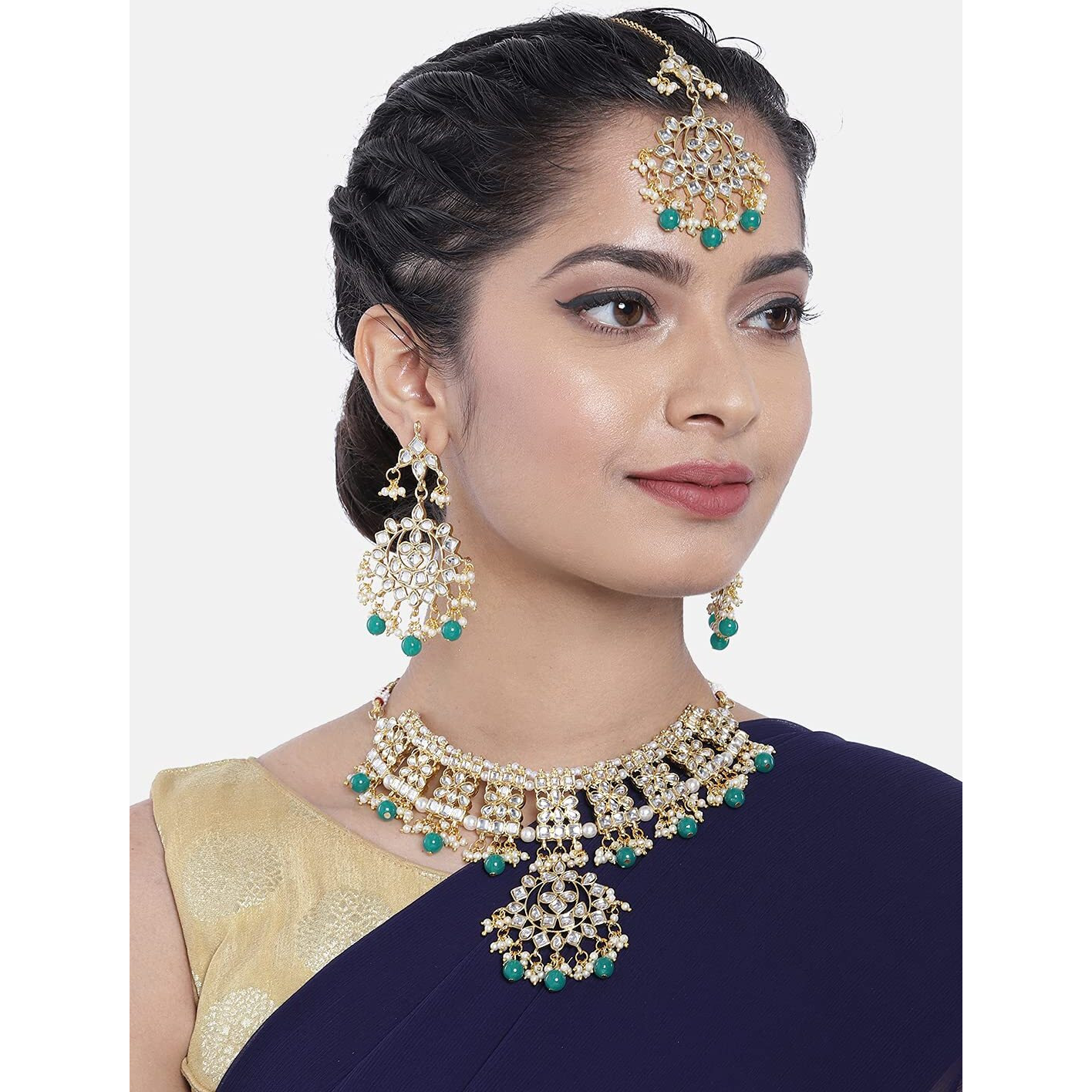 Peora Gold Plated Traditional Kundan Choker Necklace Jewellery Set with Earring Maang Tikka for Women Girls