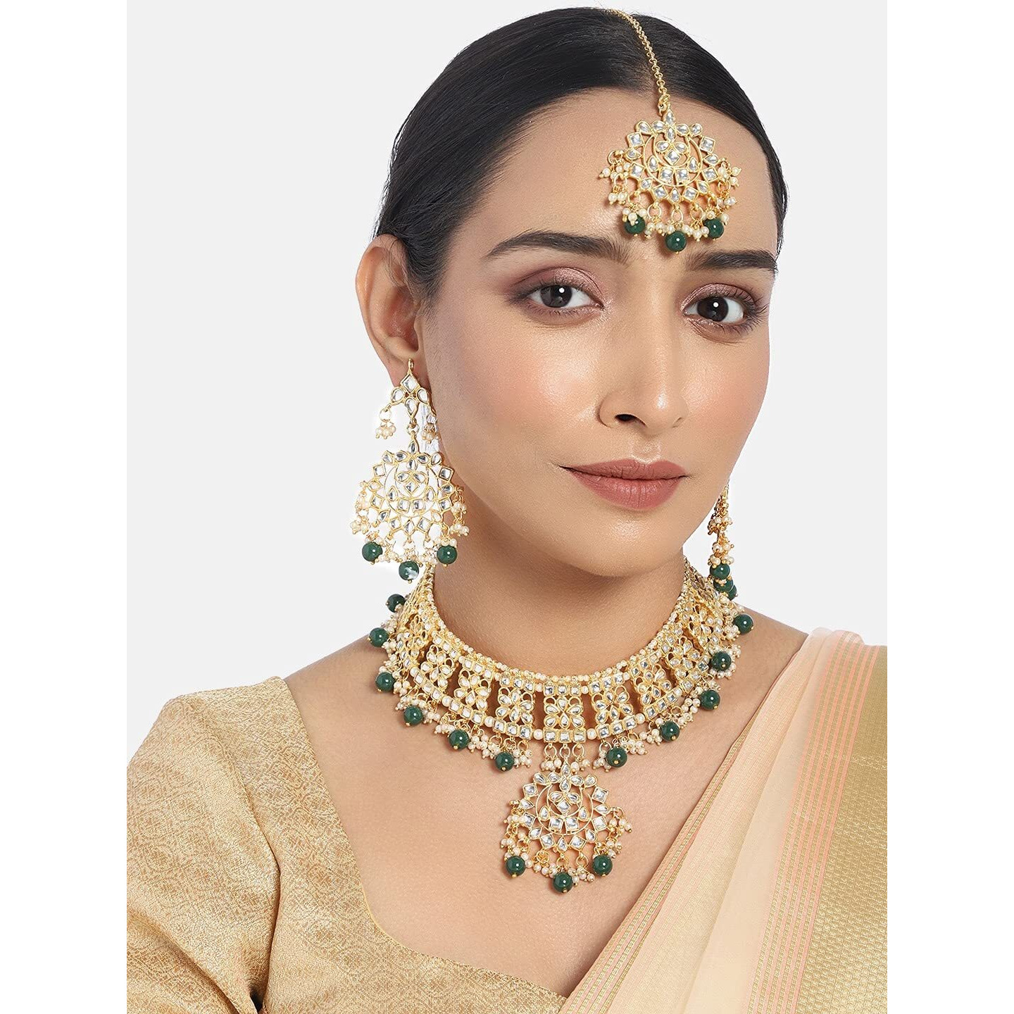 Peora Gold Plated Traditional Kundan Choker Necklace Jewellery Set with Earring Maang Tikka for Women Girls