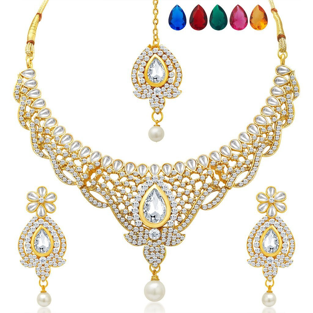 Sukkhi Divine Gold Plated AD Necklace Set with Set of 5 Changeable Stone for Women