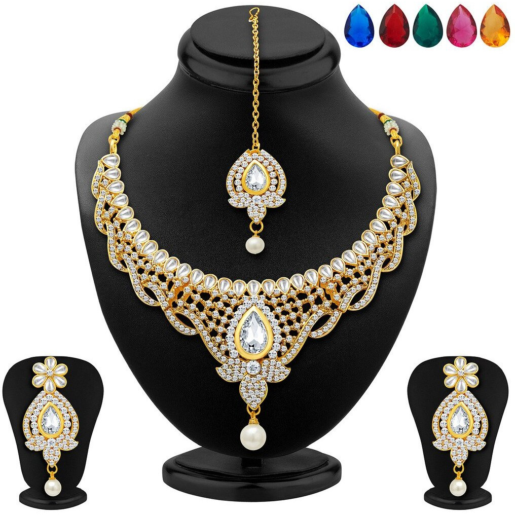 Sukkhi Divine Gold Plated AD Necklace Set with Set of 5 Changeable Stone for Women