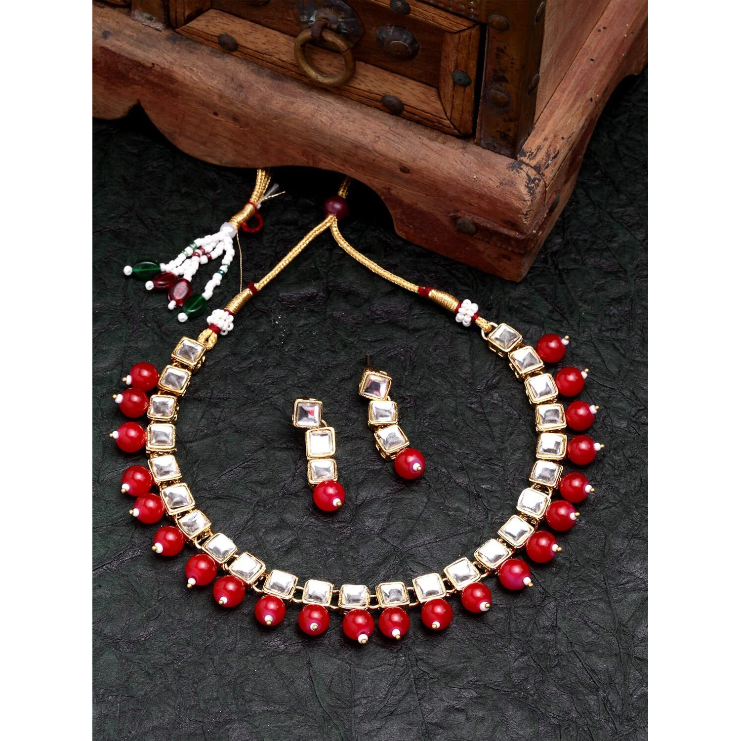 Shining Diva Fashion Latest Stylish Traditional Kundan Necklace Jewellery Set for Women (12311s), Red, One