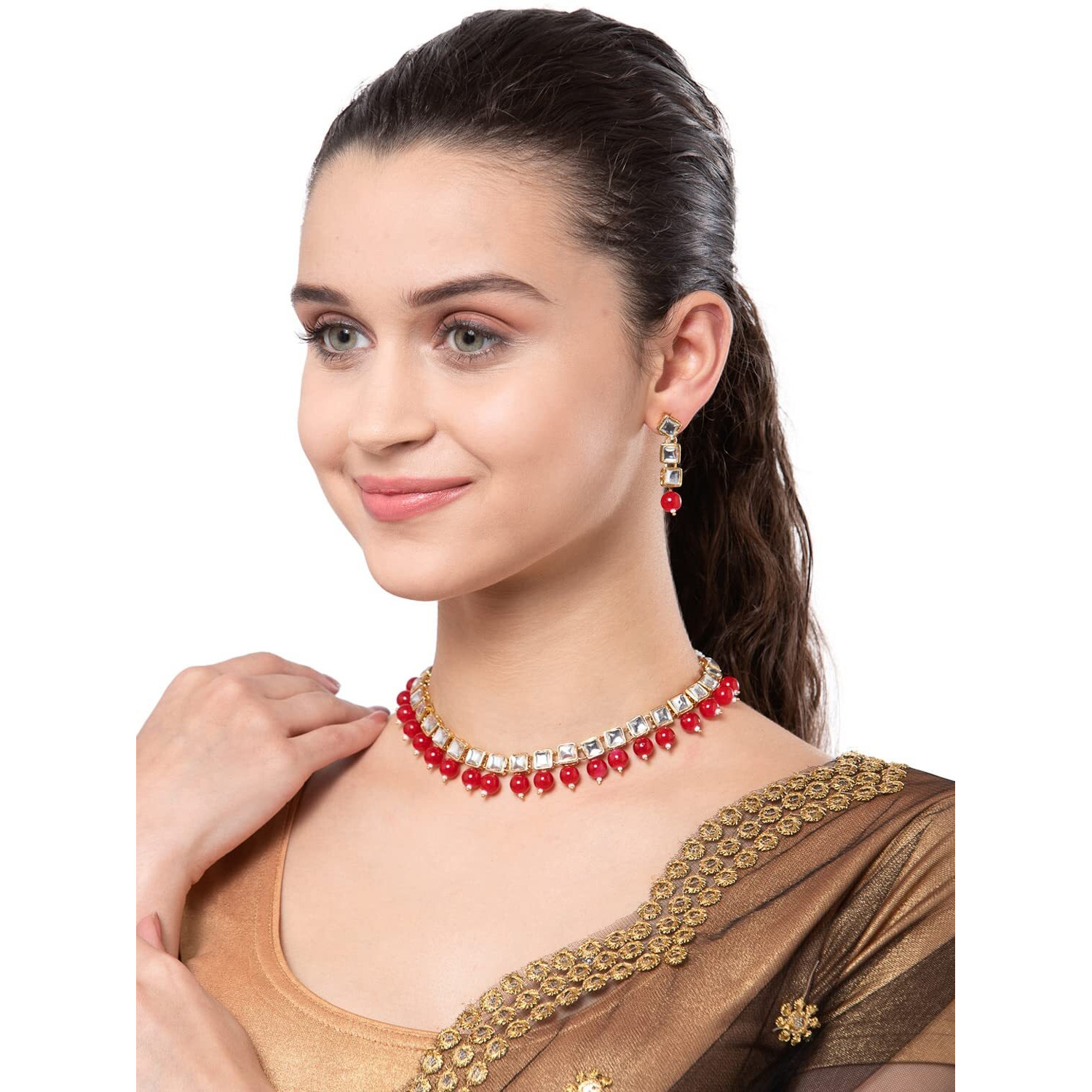 Shining Diva Fashion Latest Stylish Traditional Kundan Necklace Jewellery Set for Women (12311s), Red, One