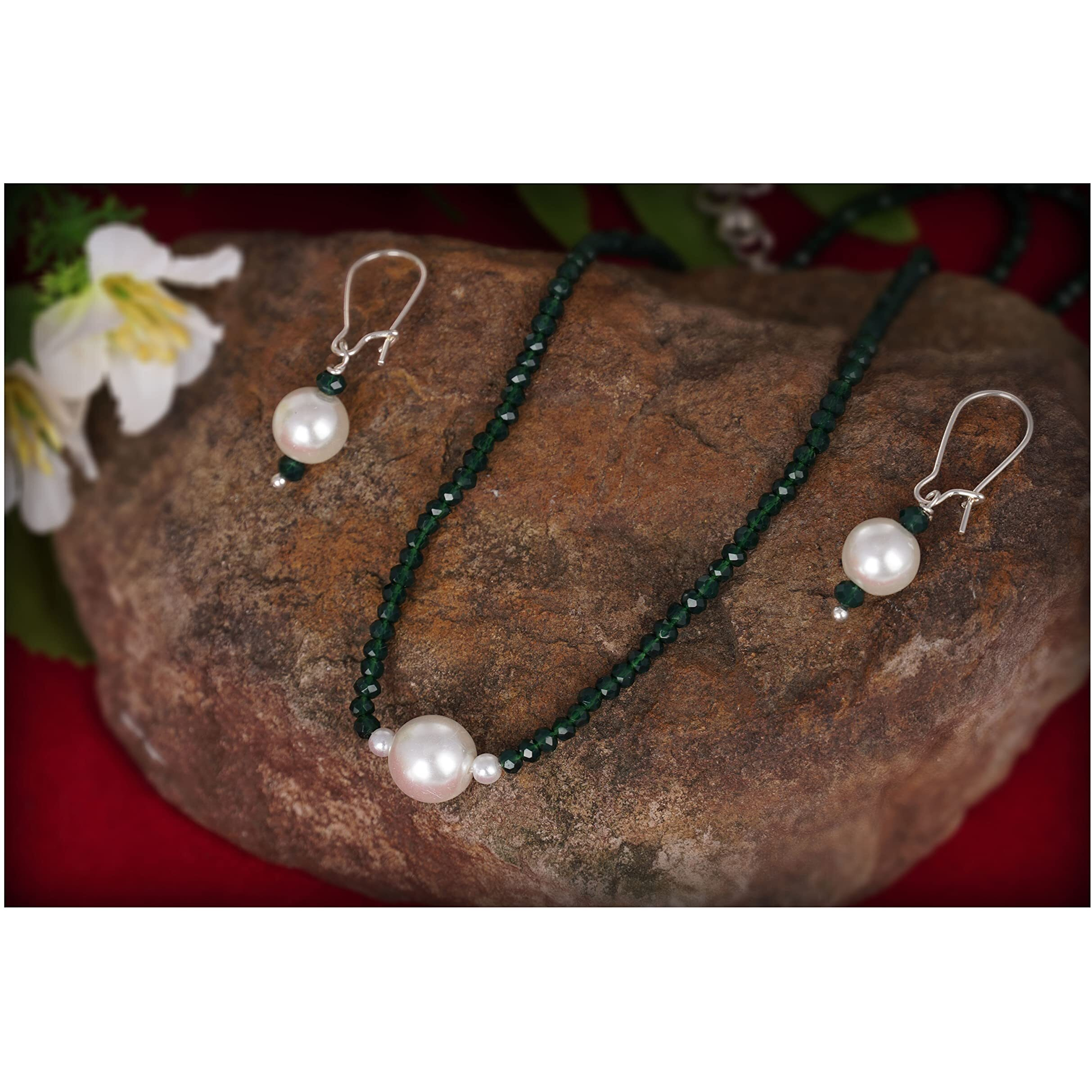 JFL - Jewellery for Less Modern Fusion Mangalsutra with Pearl & Onyx Crystal Chain and Earring for Women (Green),Valentine