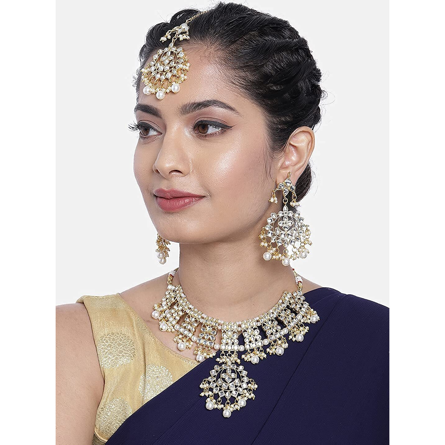 I Jewels 18K Gold Plated Traditional Handcrafted Kundan & Pearl Studded Choker Necklace Jewellery Set With Earrings & Maang Tikka For Women (K7057W)