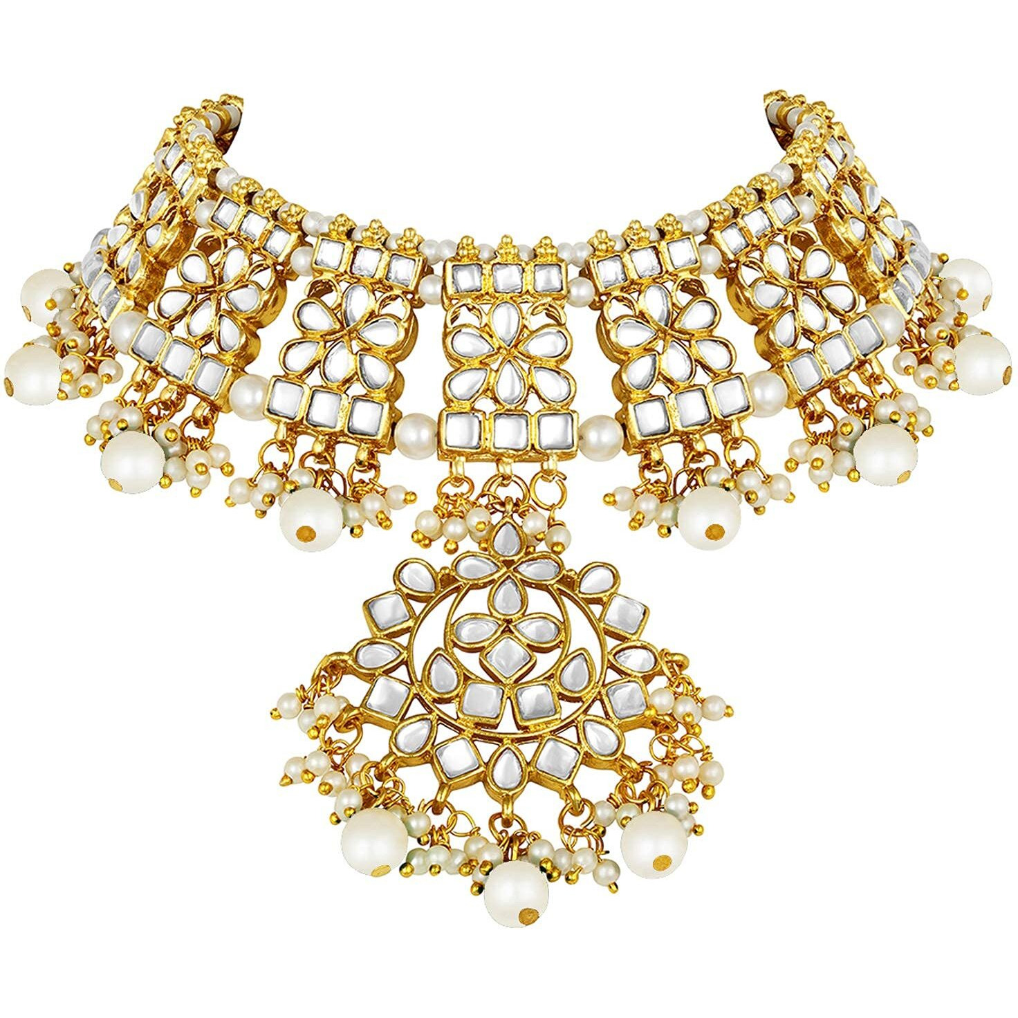 I Jewels 18K Gold Plated Traditional Handcrafted Kundan & Pearl Studded Choker Necklace Jewellery Set With Earrings & Maang Tikka For Women (K7057W)