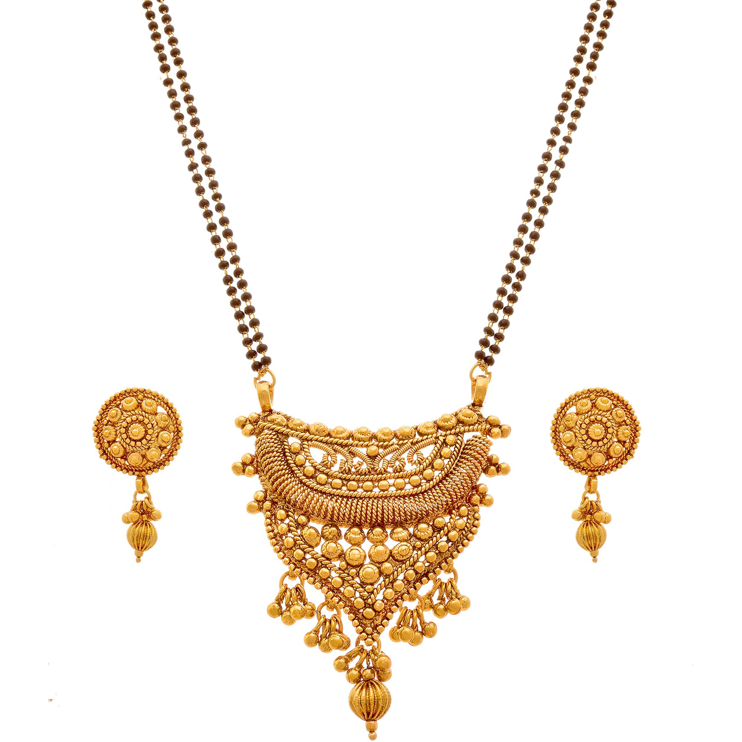 JFL - Jewellery For Less Traditional Ethnic One Gram Gold Plated Mangalsutra With Earring And Double Black Beaded Chain For Women