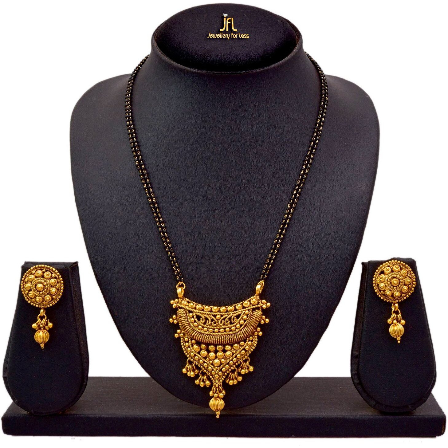 JFL - Jewellery For Less Traditional Ethnic One Gram Gold Plated Mangalsutra With Earring And Double Black Beaded Chain For Women