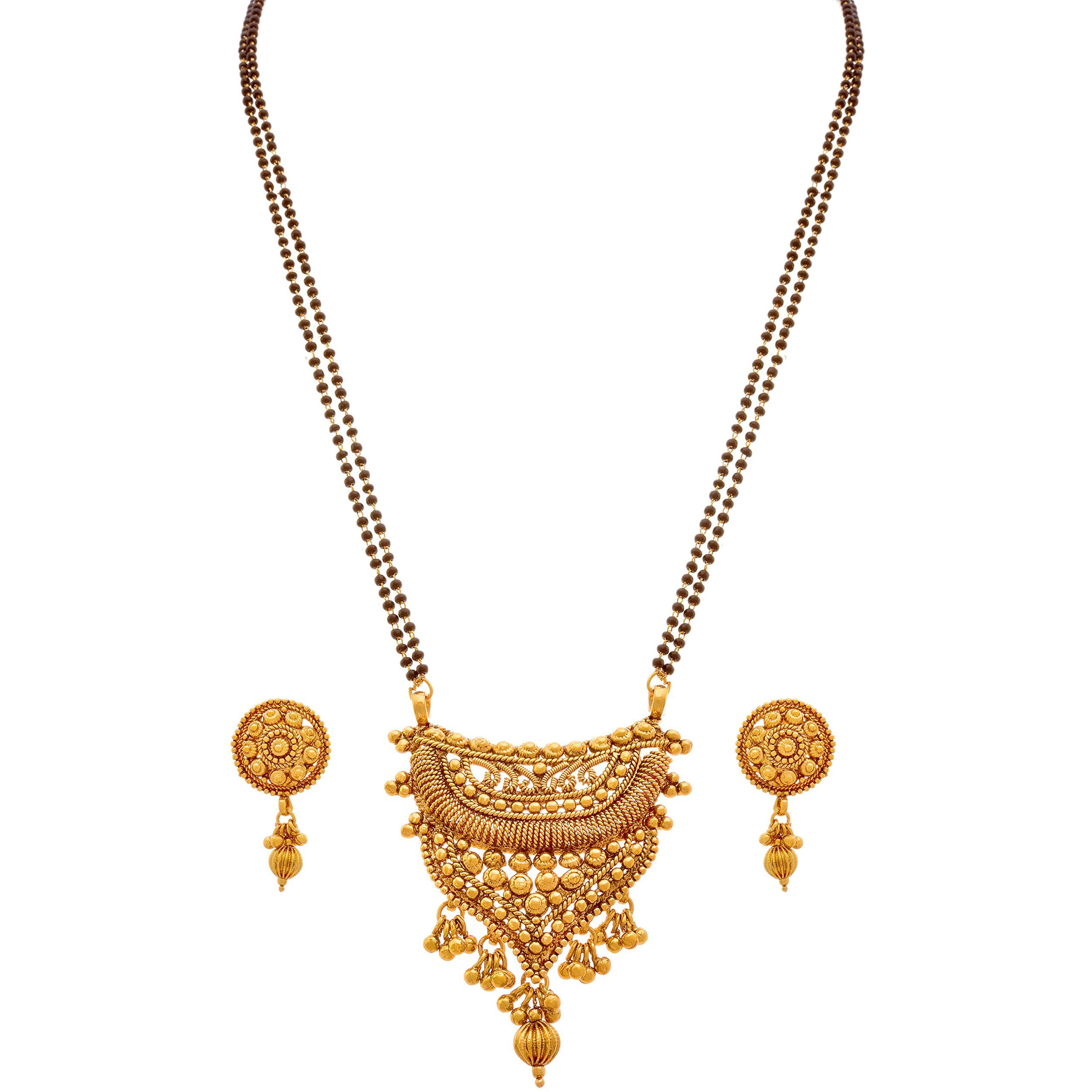 JFL - Jewellery For Less Traditional Ethnic One Gram Gold Plated Mangalsutra With Earring And Double Black Beaded Chain For Women