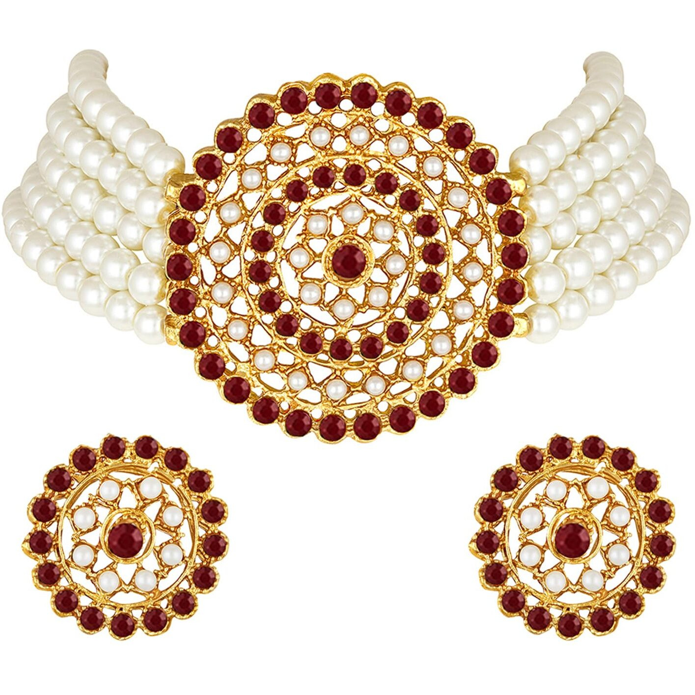 Peora Gold Plated Pearl Diamond Choker Necklace with Round Earrings Traditional Jewellery Set (White-Maroon) For Womens