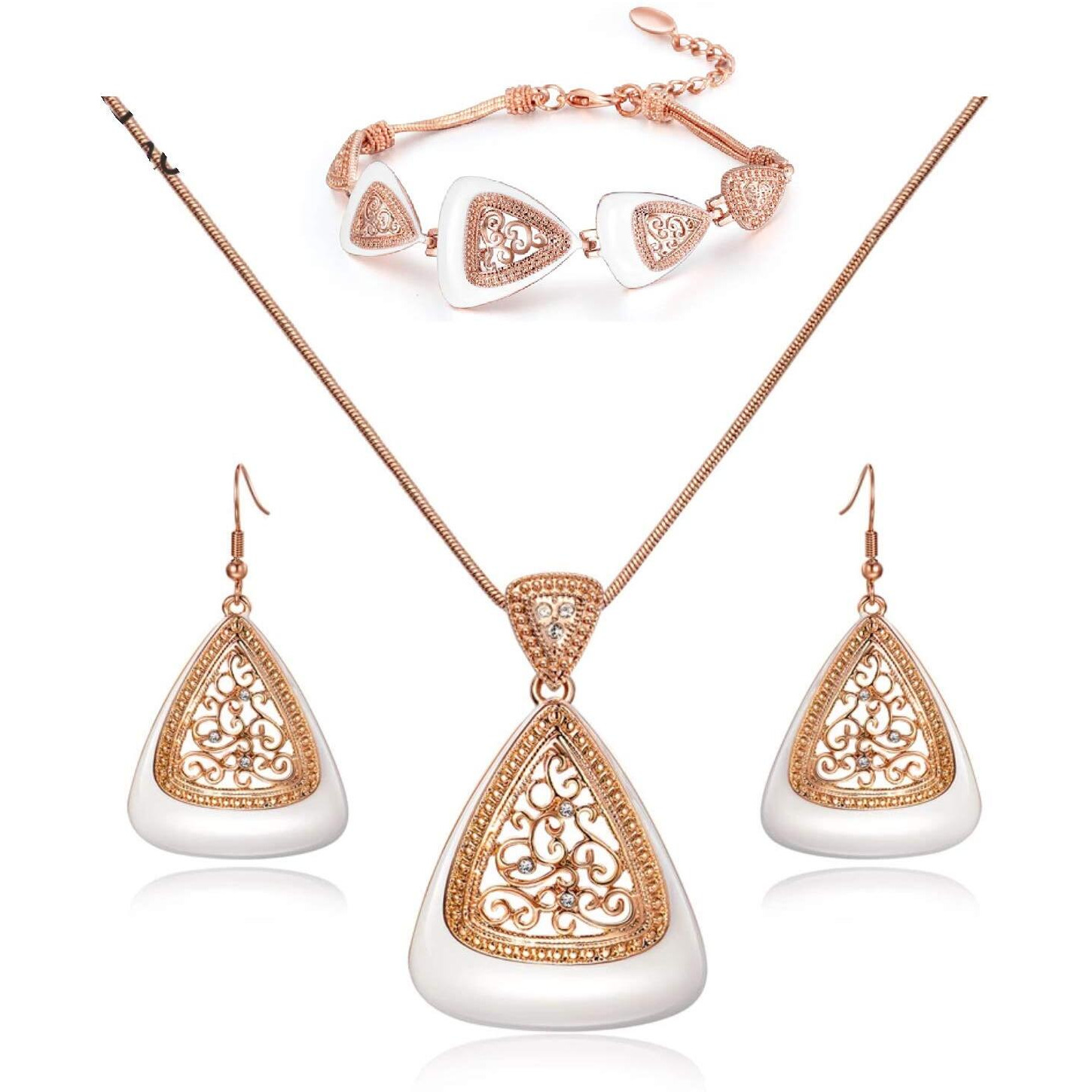 Crystal Lady Rose Gold Jewelry Set for Women White Enamel Drop Earring Bracelet Sets for Women