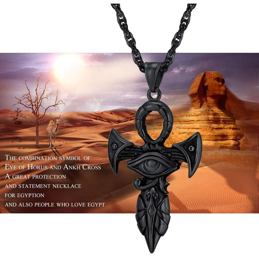 PROSTEEL Eye of Horus Necklace Ankh Pendant Ancient Egyptian Protection Spiritual Ethnic Women Men Jewelry Gift Gothic Eye of Ra Cross Black Necklace