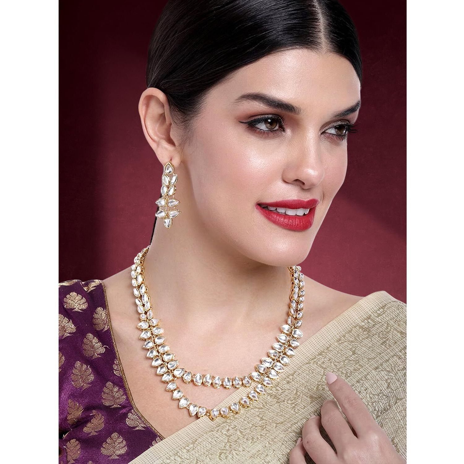 Aheli Fancy Long Kundan Necklace Earring Set Ethnic Indian Bollywood Fashion Jewelry for Women