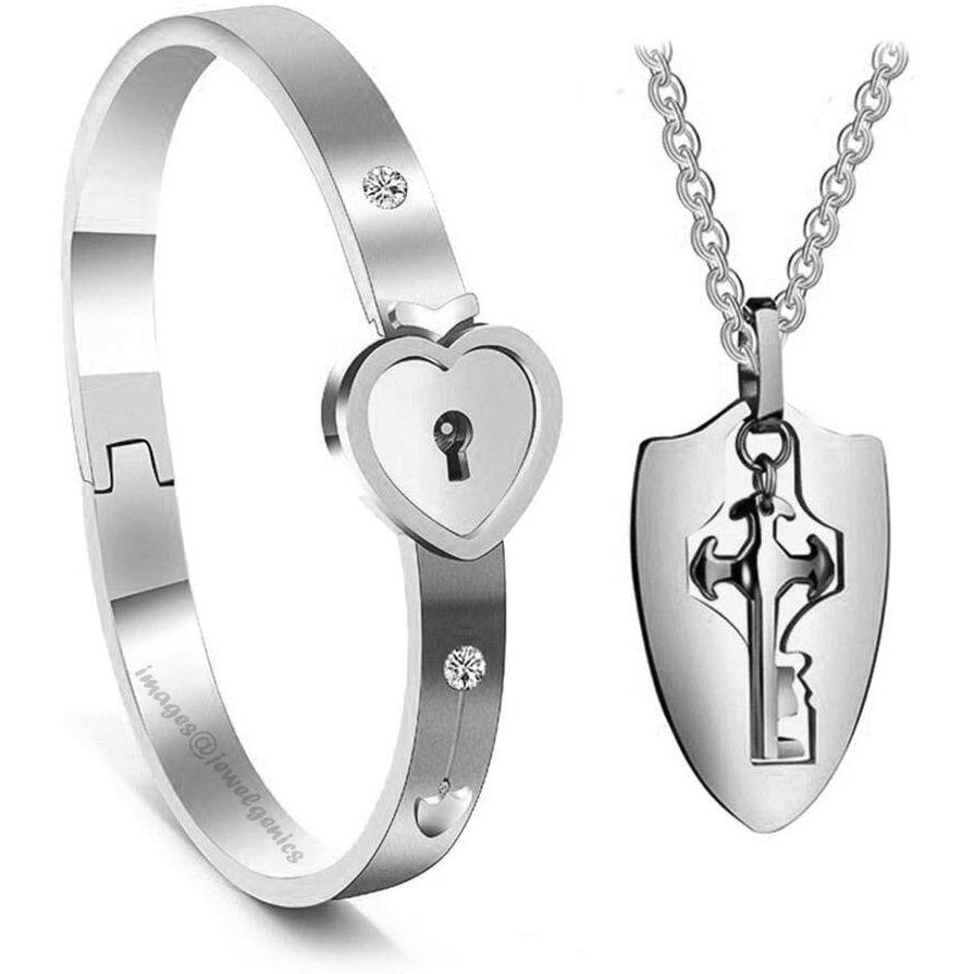 Jewelgenics Silver Stainless Steel Cubic Zirconia Heart Lock and Oval Key Couple Bracelet Pendant Necklace Set for Men and Women