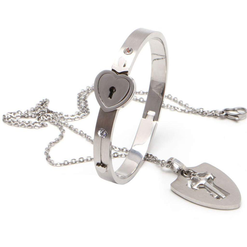 Jewelgenics Silver Stainless Steel Cubic Zirconia Heart Lock and Oval Key Couple Bracelet Pendant Necklace Set for Men and Women