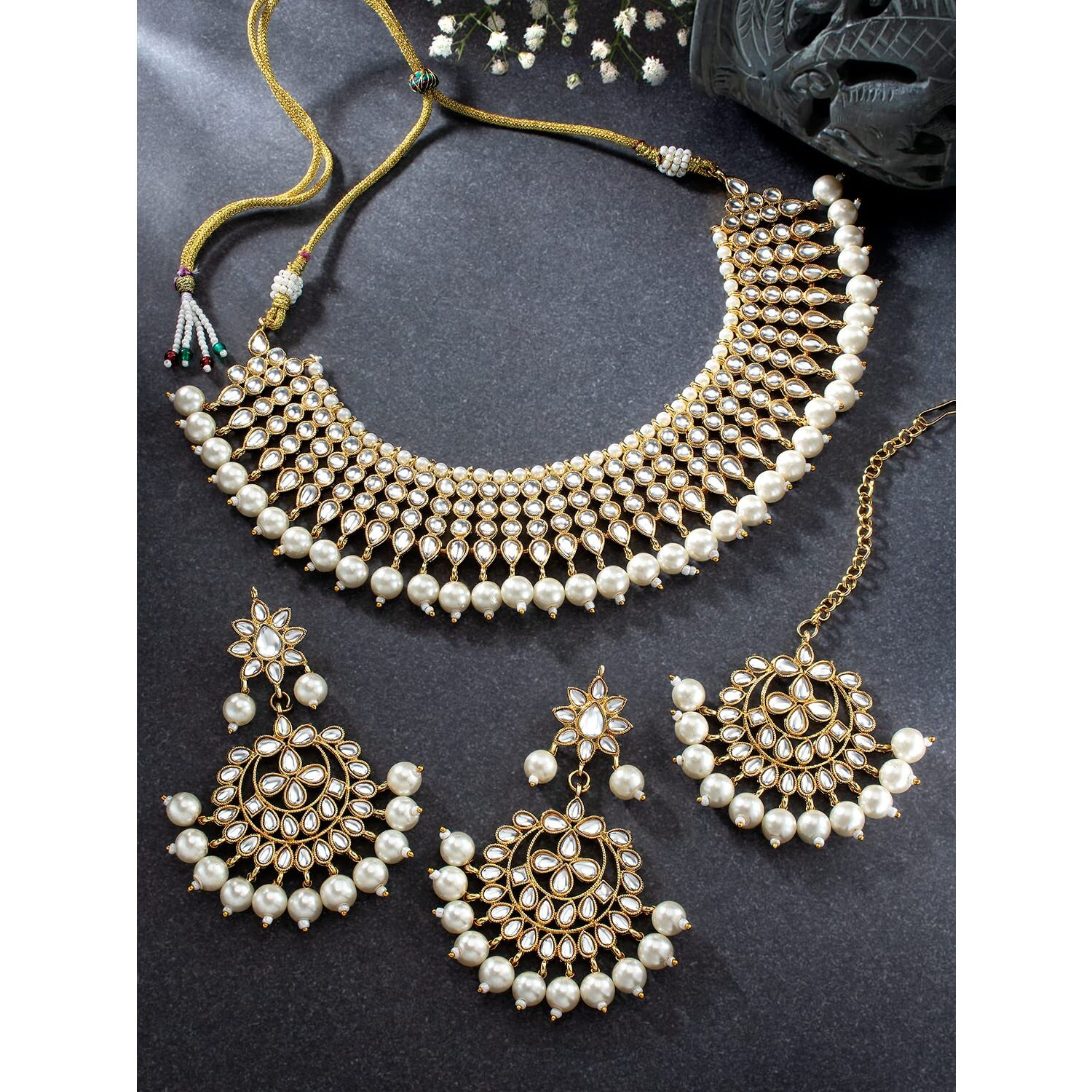 Peora 18K Gold Plated Indian Ethnic Kundan Pearl Fancy Bridal Traditional Necklace Jewellery Set with Earrings for Women