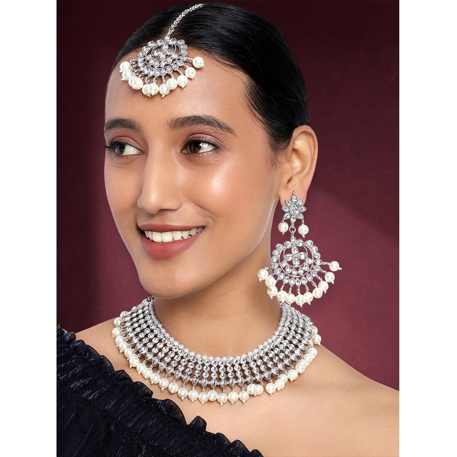 Peora 18K Gold Plated Indian Ethnic Kundan Pearl Fancy Bridal Traditional Necklace Jewellery Set with Earrings for Women (Silver White)