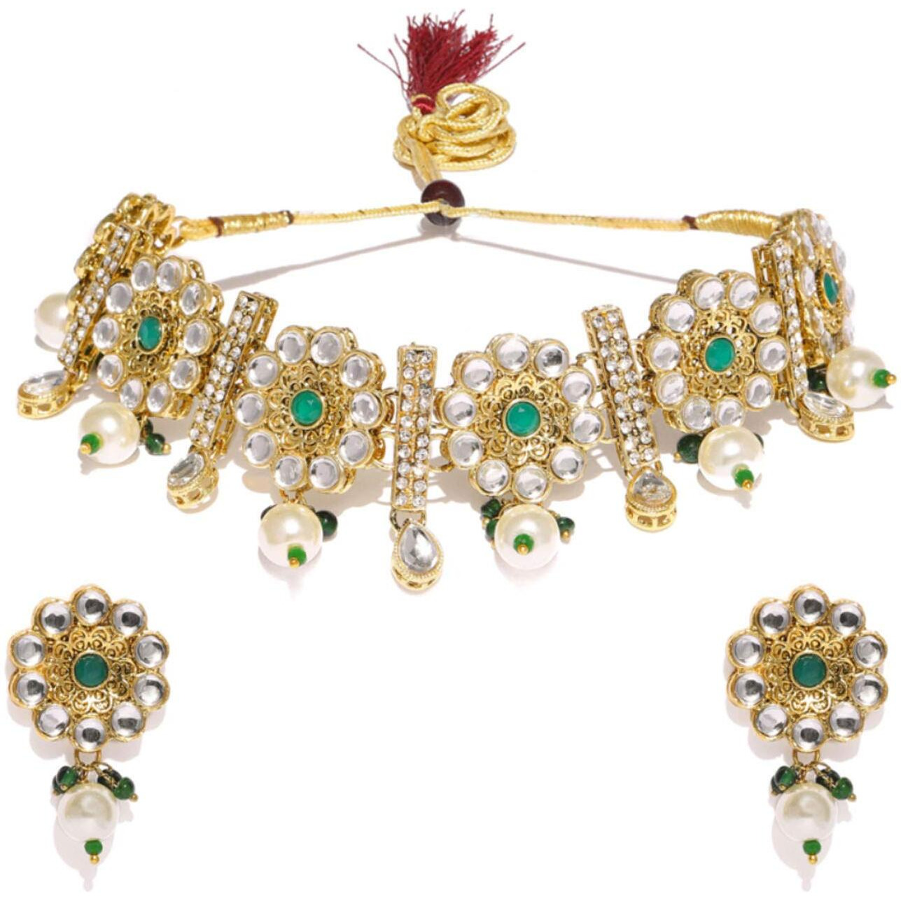 ZAVERI PEARLS Antique Gold Tone Floral Design Dazzling Choker Jewellery Set For Women-ZPFK9364