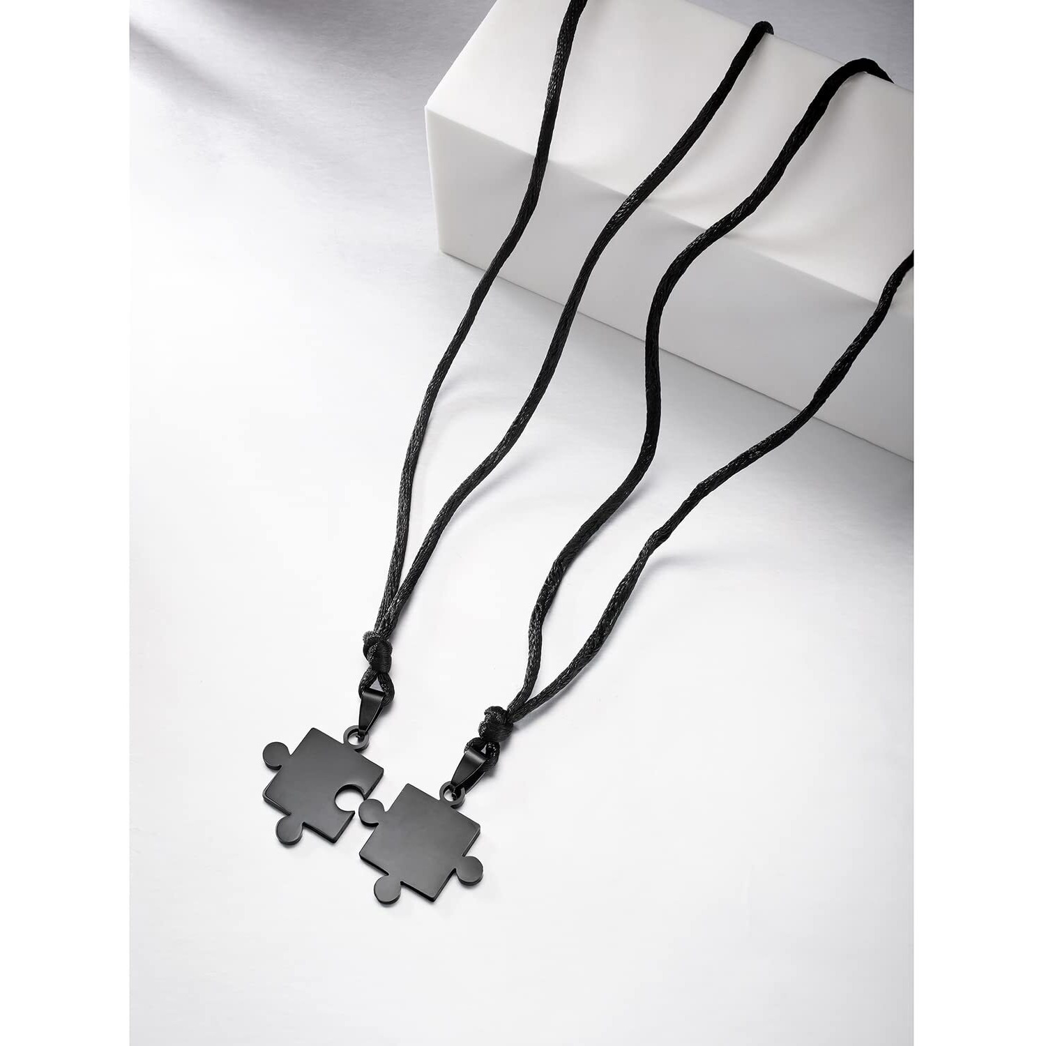 Peora 2pcs Mens & Womens Couples Stainless Steel Puzzle Pendant Love Necklace Set, Black