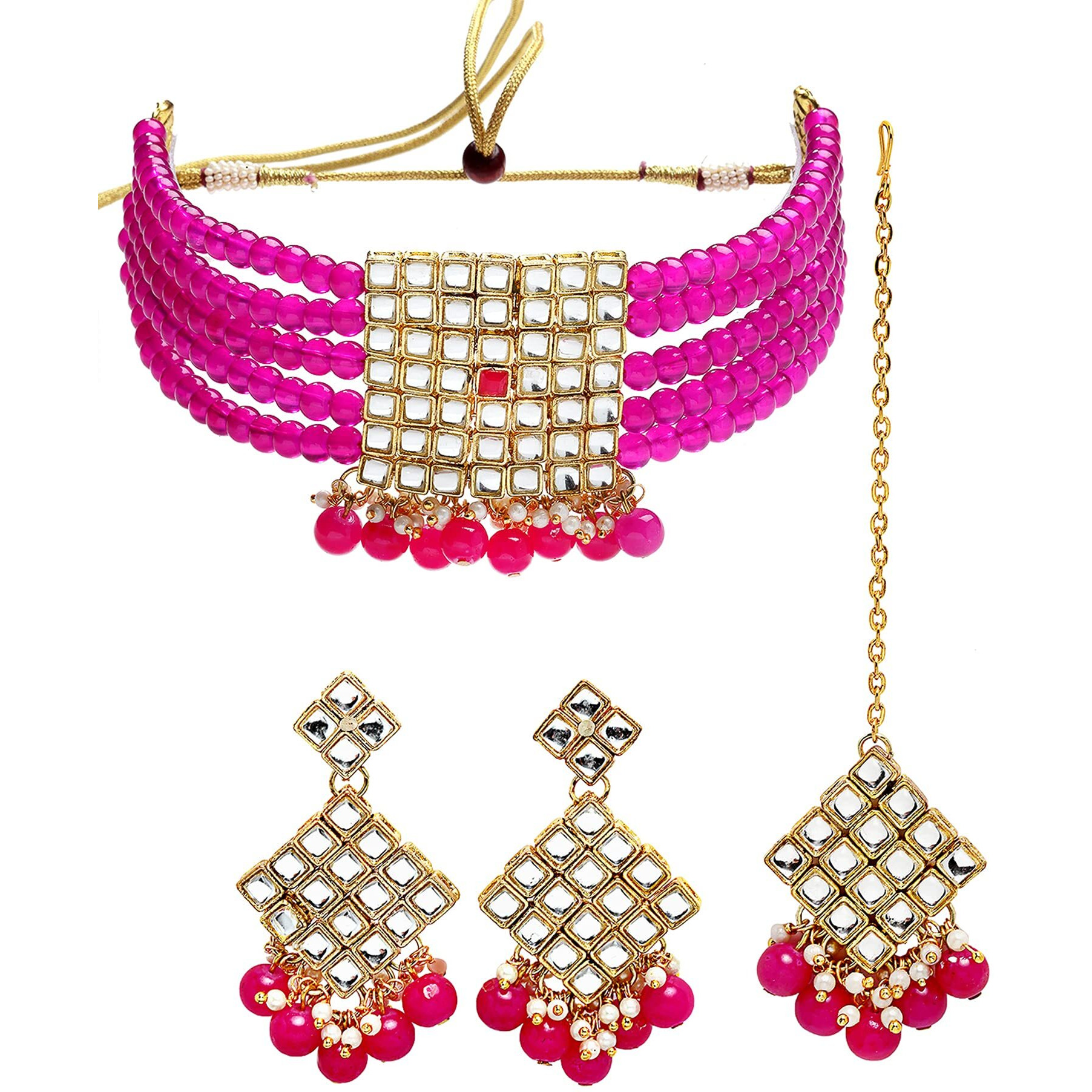 Karatcart Womens Gold-Plated Embellished Kundan and Pink Beads Handcrafted Choker Necklace Set