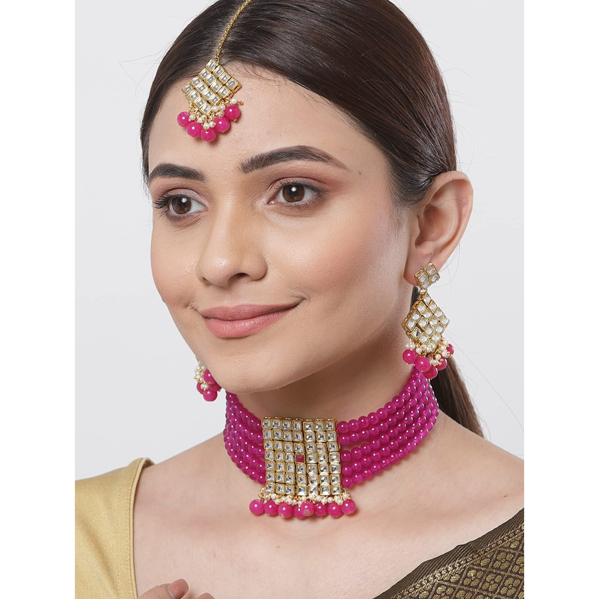 Karatcart Womens Gold-Plated Embellished Kundan and Pink Beads Handcrafted Choker Necklace Set