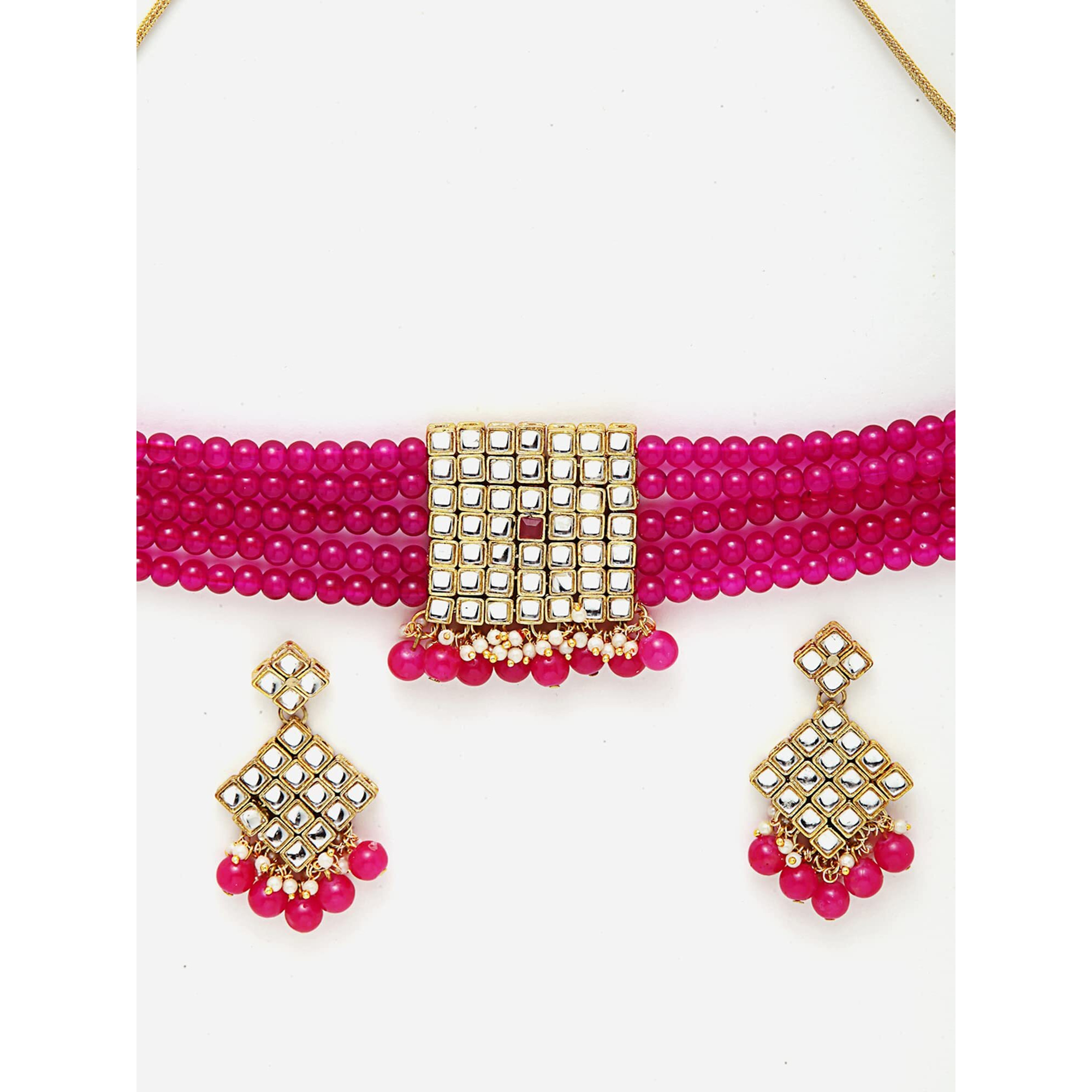 Karatcart Womens Gold-Plated Embellished Kundan and Pink Beads Handcrafted Choker Necklace Set