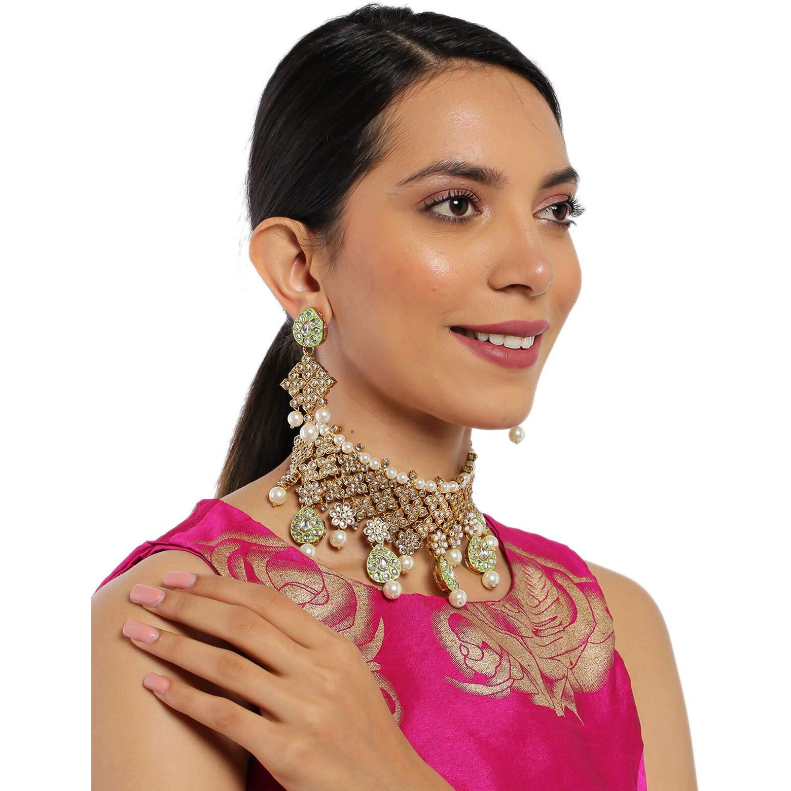 ZAVERI PEARLS Beautifully Enamelled Kundan Choker Necklace Set For Women-ZPFK8838