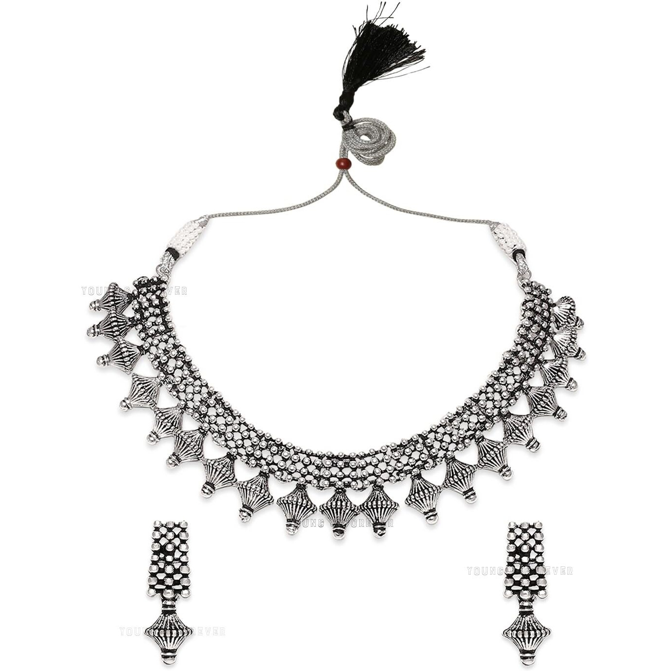 Young & Forever Gift Traditional Victorian Silver Choker Oxidised Necklace Jewellery Set for Women