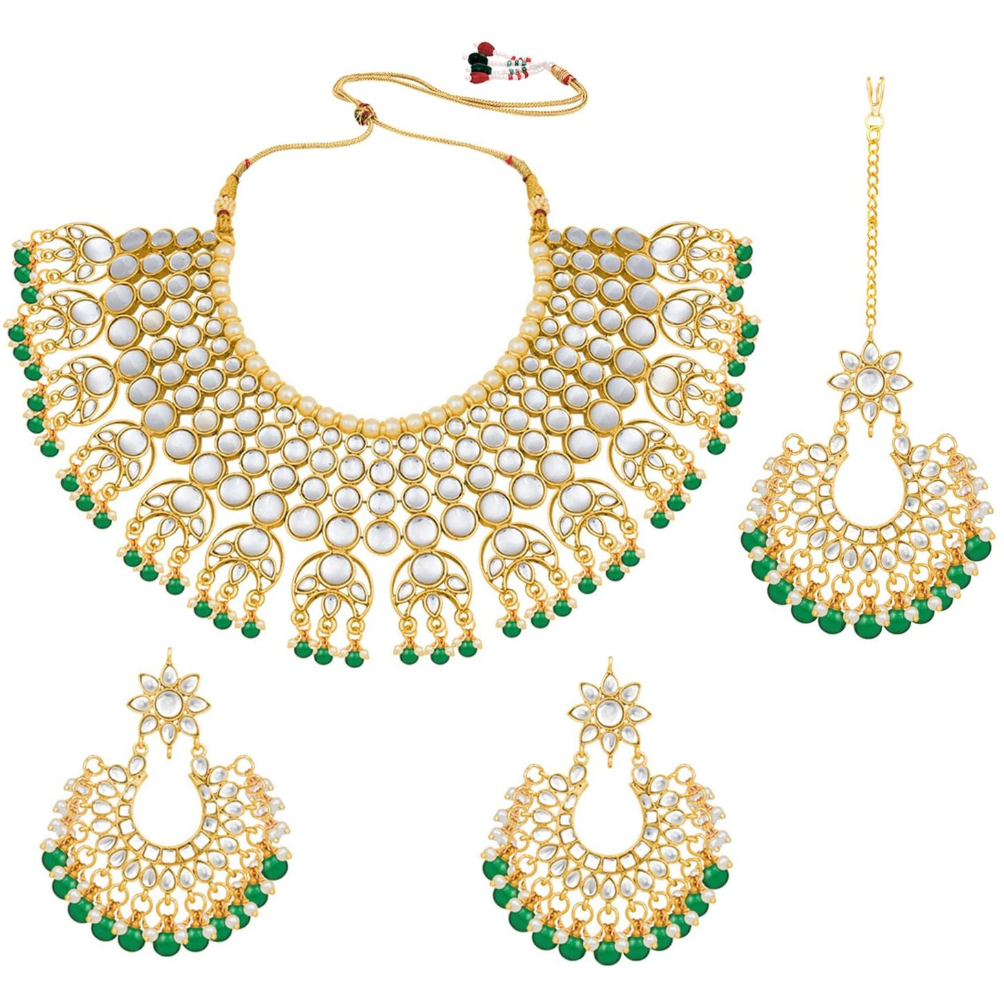 Peora 18K Gold Plated Indian Traditional Kundan Green Necklace Earrings with Maang Tikka Jewellery Set for Women