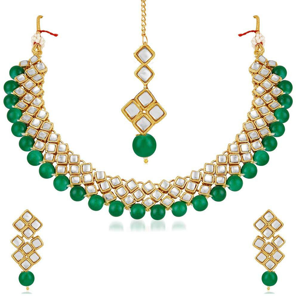 Asmitta Bridal Fashion Jewellery Kundan Beaded Necklace Set with Mang Tikka