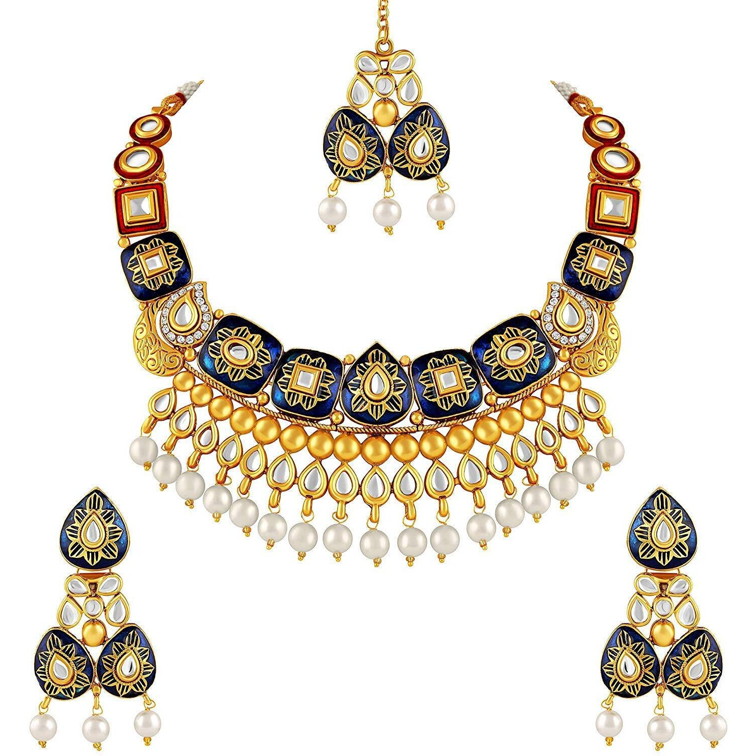 ASMITTA Glamorous Meenakari Work Gold Plated Choker Style Kundan Necklace Set for Women