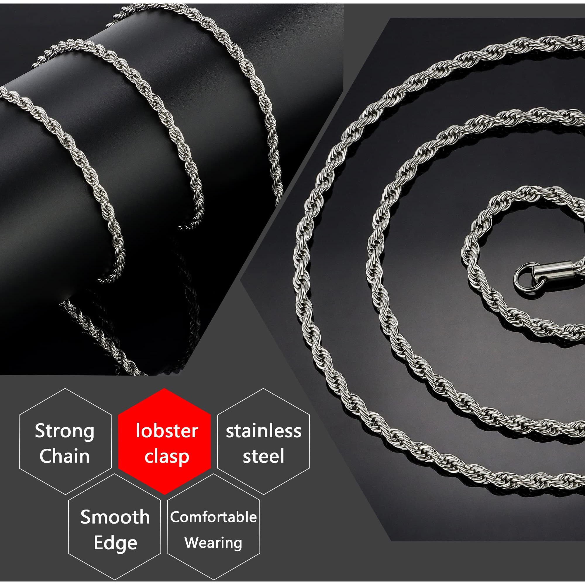 HolyFast 2-5mm Twist Chain Necklace Stainless Steel Necklace 16-36 Inches Men Women Jewellery