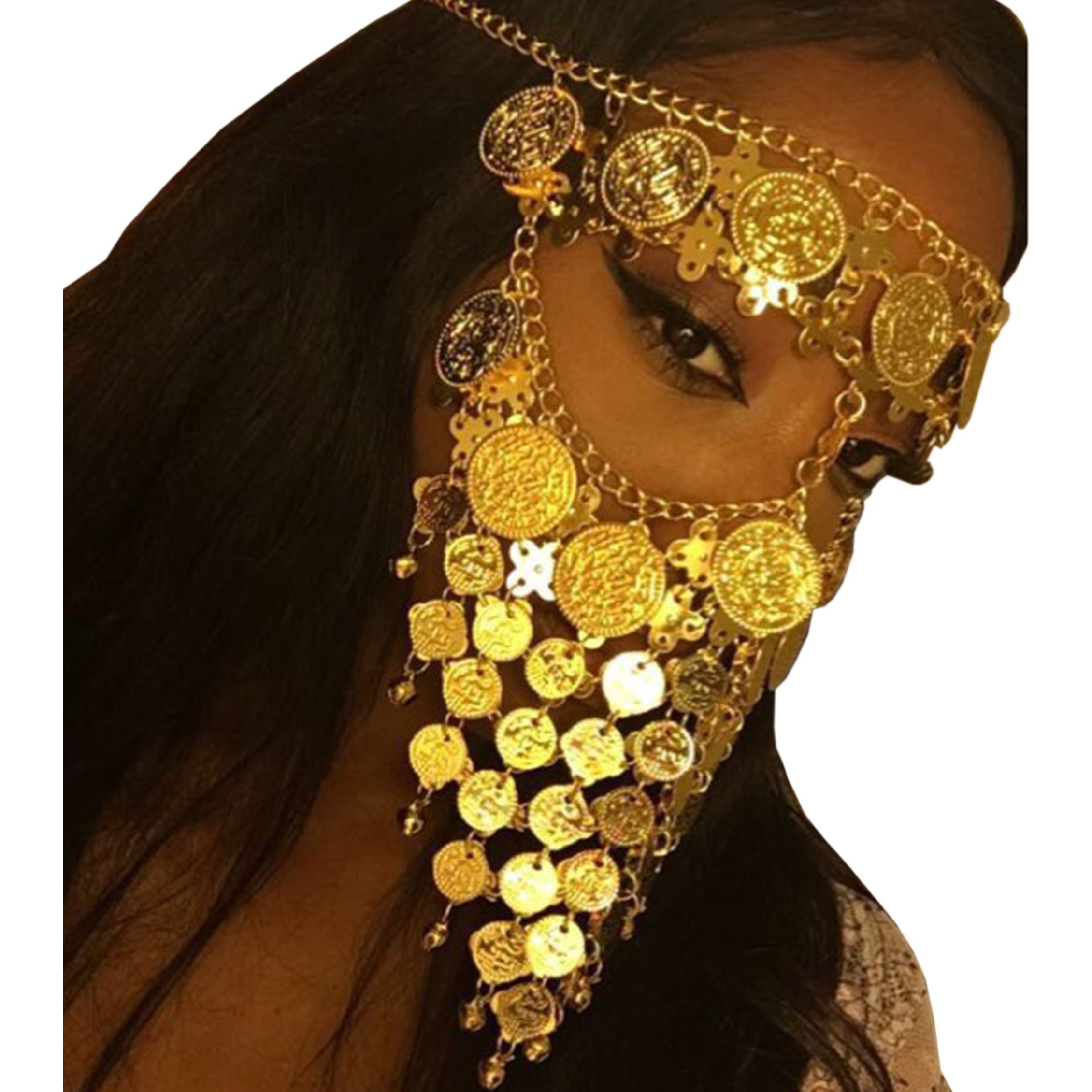 Astage Lady Cosplay Belly Dance Jewelry Coin Veil Halloween Accessories Gold Color