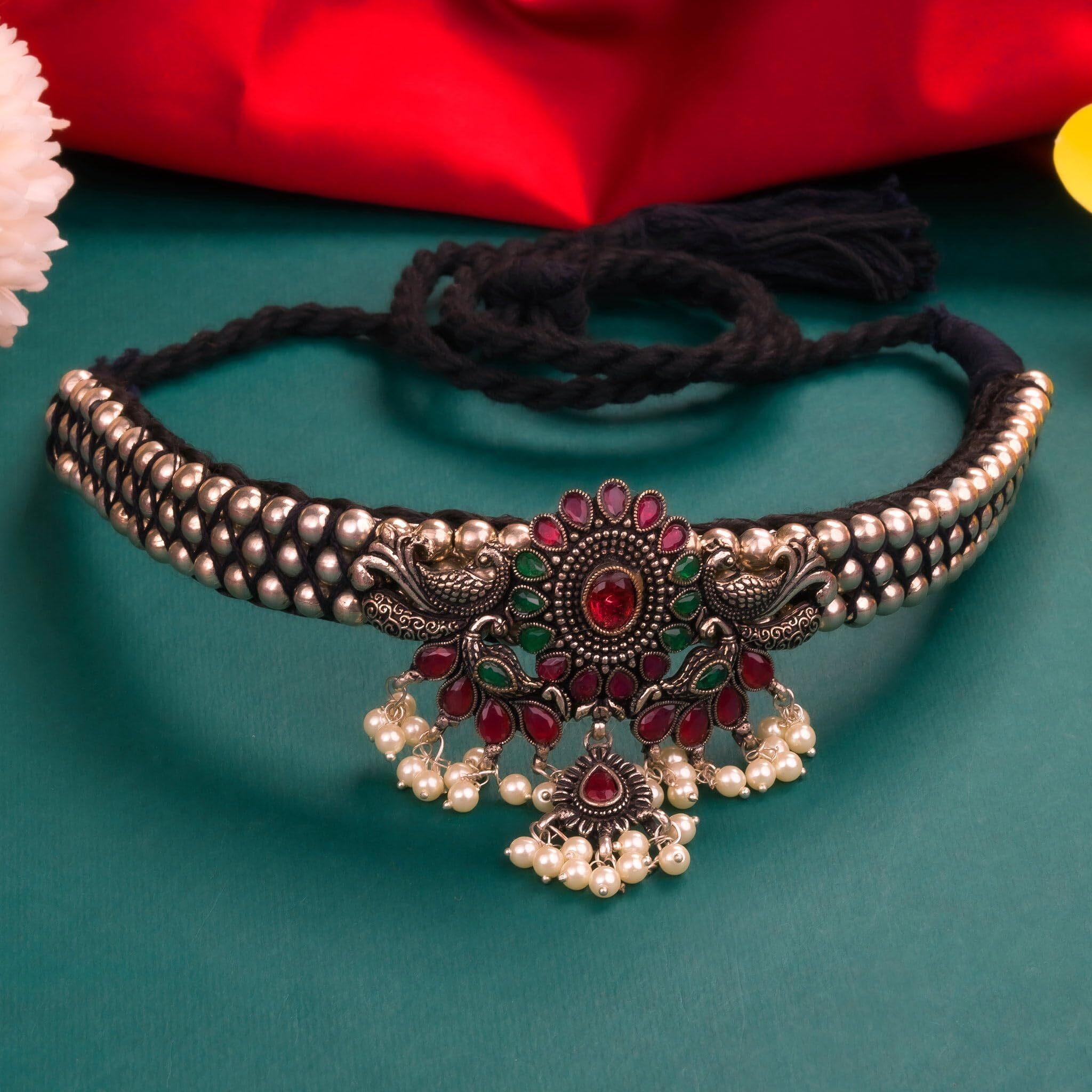 Sasitrends German Silver Oxidised Jewellery Set with AD Stones for Women & Girls - Traditional Elegance for Every Occasion