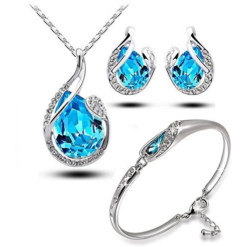 YouBella Best Valentine Gifts Presents Lamore Collection Water Drop Shaped Crystal Jewellery Combo of Pendant Set/Necklace Set with Earrings and Bracelet for Girls and Women (Blue)