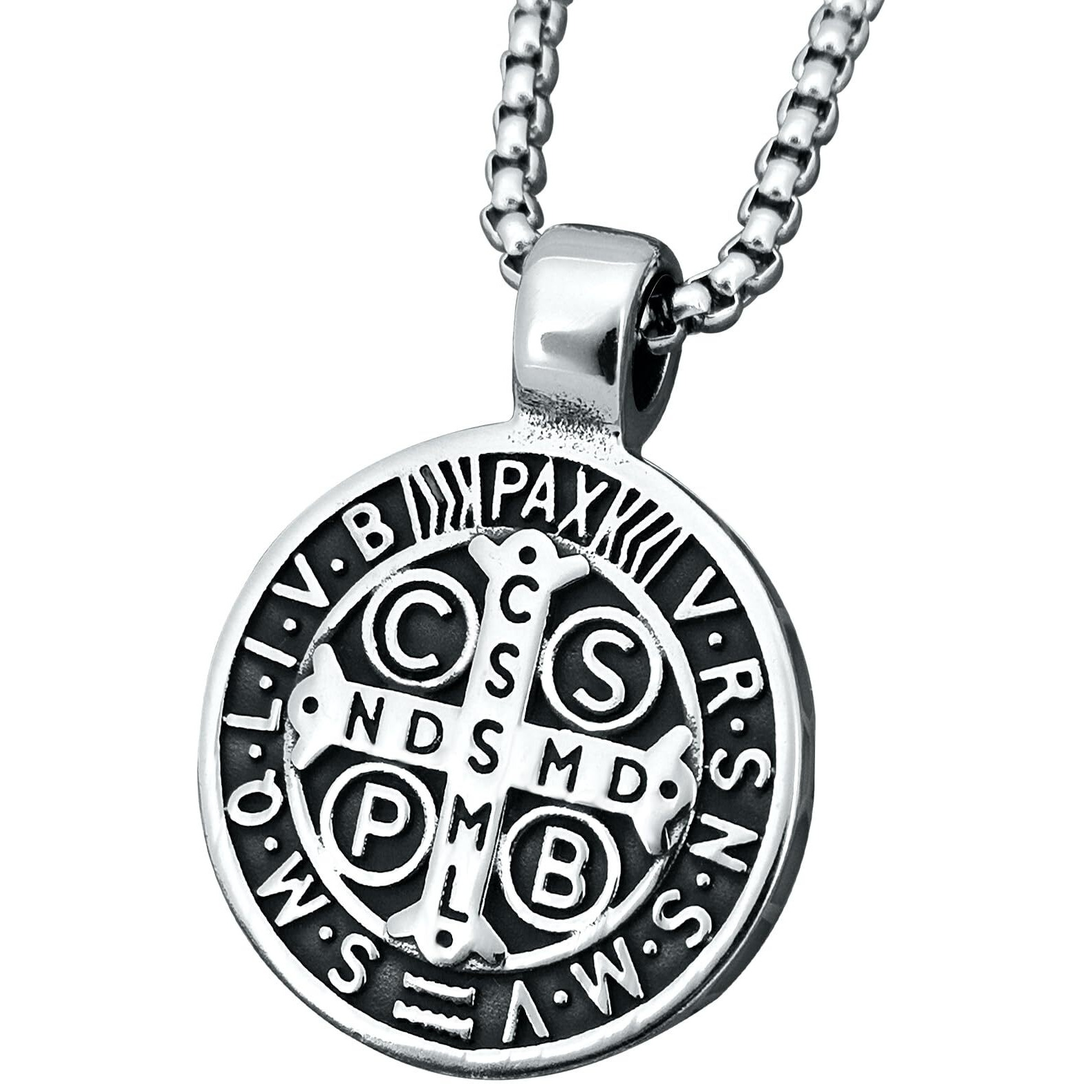 Mens St Benedict Exorcism Pendant Necklace Stainless Steel Catholic Roman Cross Demon Protection Ghost Hunter 20 inches