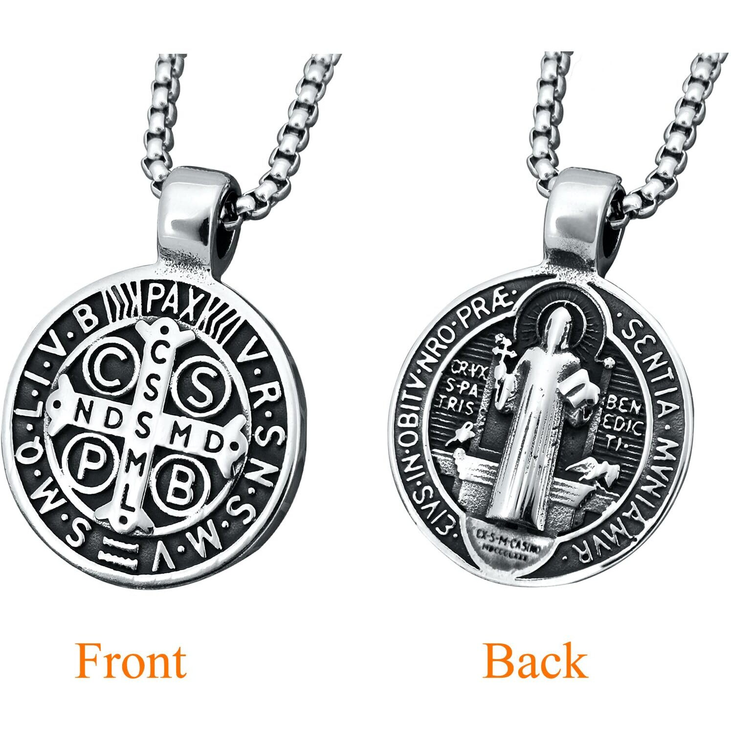 Mens St Benedict Exorcism Pendant Necklace Stainless Steel Catholic Roman Cross Demon Protection Ghost Hunter 20 inches