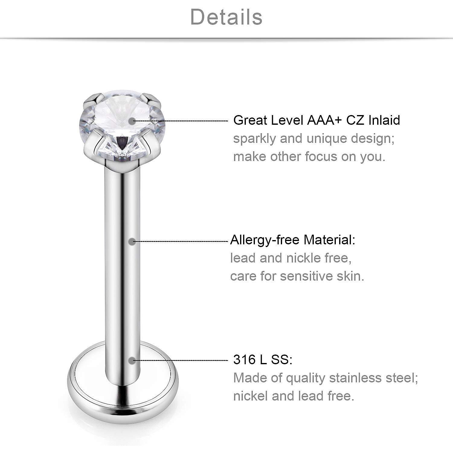 SCERRING 20PCS 16G 8mm Stainless Steel Labret Monroe Lip Ring Tragus Nail Helix Earring Stud Piercing Jewelry with 2mm Clear CZ Opal