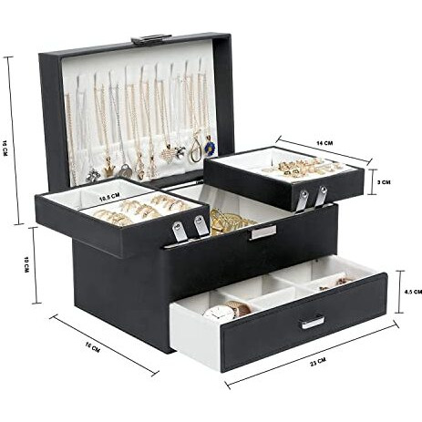 Sagrach PU Leather Jewelry Storage Display Case for Drawer Dresser | Jewellery Holder Trays for Earring Ring Necklace Watch (1Pc, 22.5cm x 14.2cm x 14.2cm, Black)