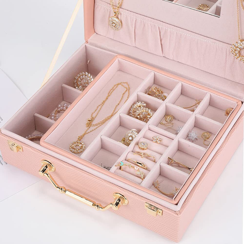 SIBY Leather Jewelry Organizers Storage Box For Necklaces Earrings Rings Bracelets Watches|Bangle Box For Women With Removable Tray|Jewelry Boxes With Two Layers Display For GirlS Gift, Pink