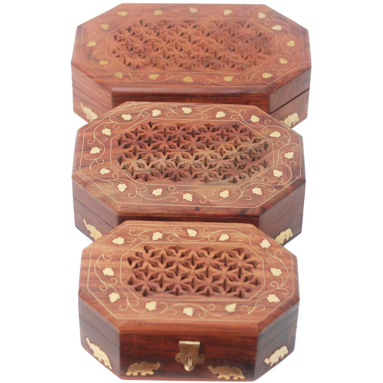 CRAFTCASTLE Handmade Wooden & Brass Inlay Jewellery Box for Women Jewel Organizer & Storage Box (Set of 3)