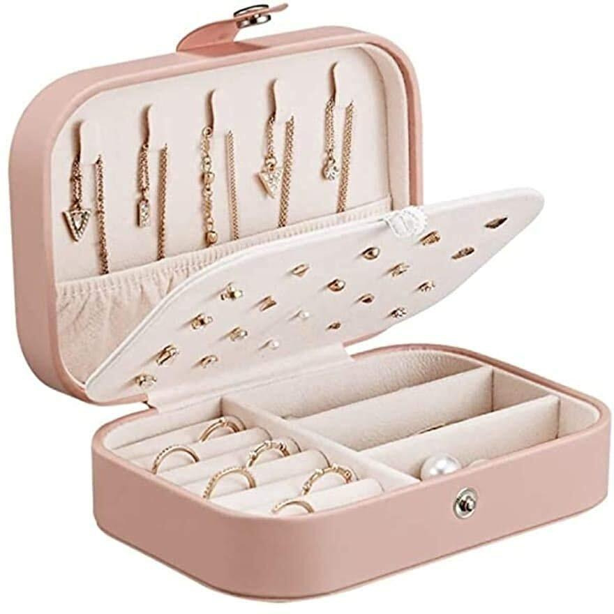 BROGBUS PU Leather Portable Travel Jewellery Storage Box Organiser Case with Rings, Earrings, Necklace Slots (Pink)