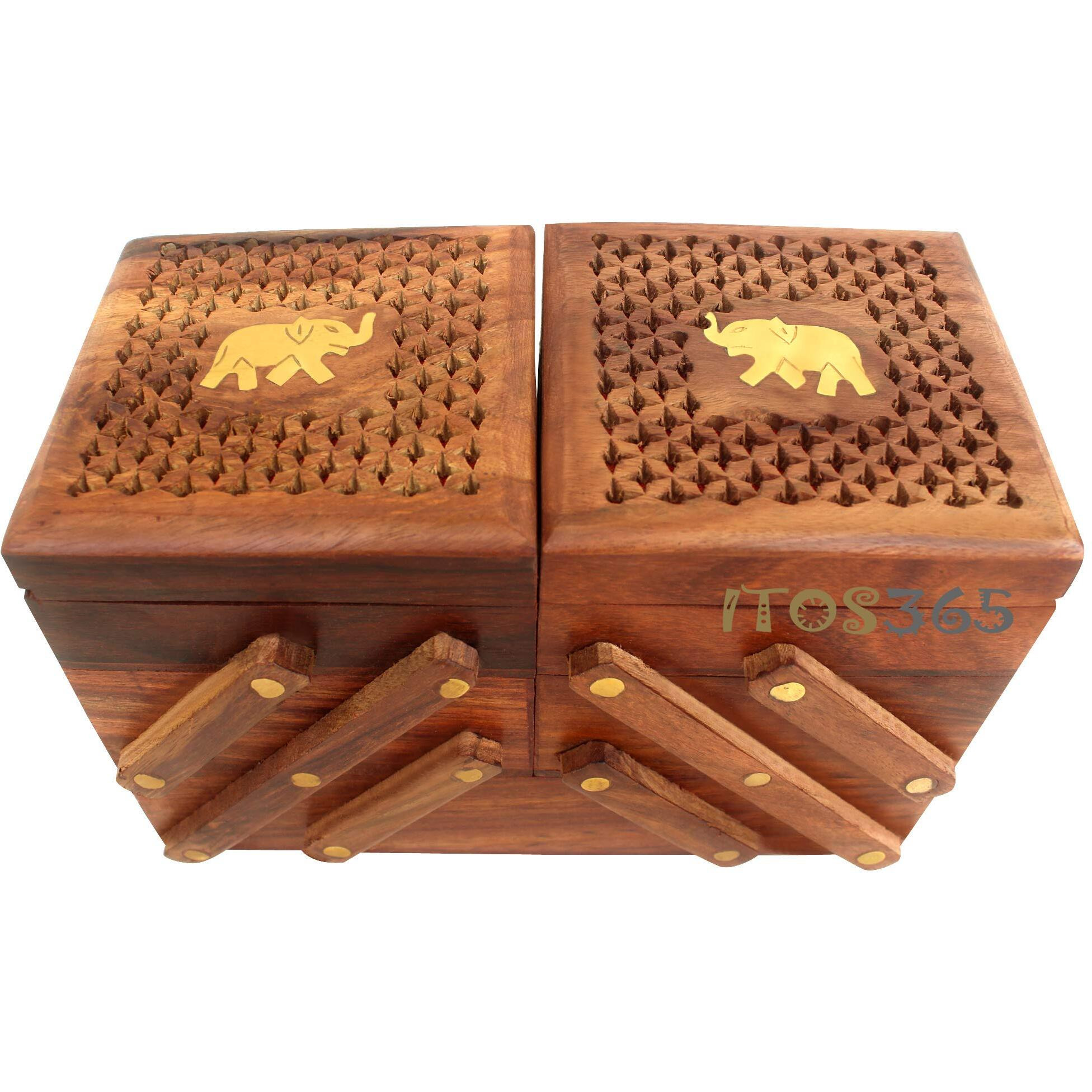 ITOS365 Handmade Wooden Jewellery Box for Women Jewel Organizer Hand Carved Jali Elephant Carvings Gift Items