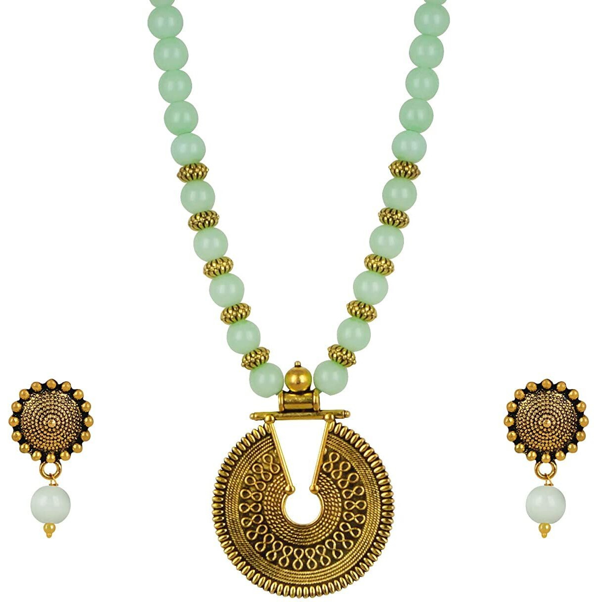 JFL - Jewellery for Less Gold Mint Green Beaded Necklace set Keyhole pendant design adjustable length designer set for women & girls,Valentine