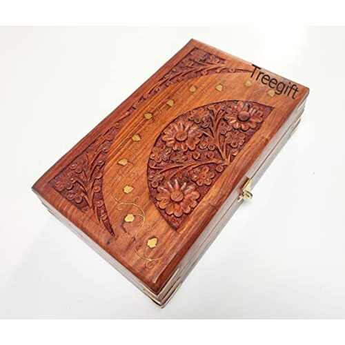 Treegift Wooden Jewellery Box for Women Jewel Organizer Hand Carved Carving and Brass work Gift Items.Size-10 x 6 inch,Brown (Sheesham Wood) (Rectangular)