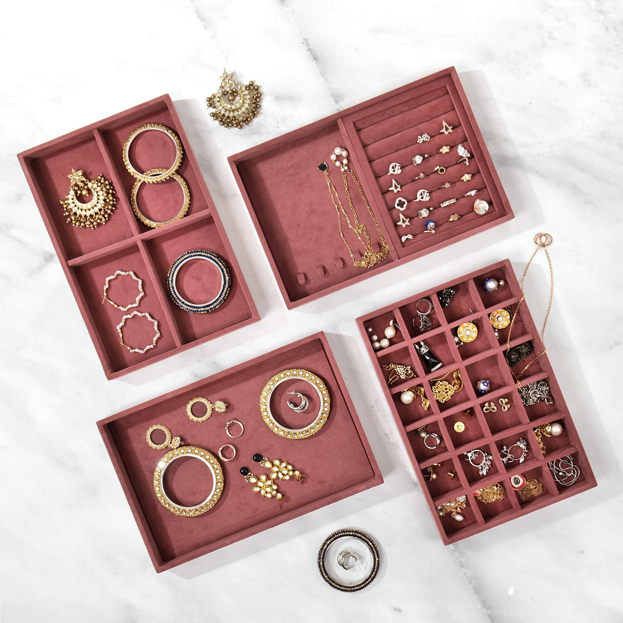 LA TROVE Luxury Velvet Jewellery Trays | Jewelry Drawer Display Organizer for Earrings, Chain, Rings (Dark Pink, Set of 4 Trays, 30x20x3.5 cm)